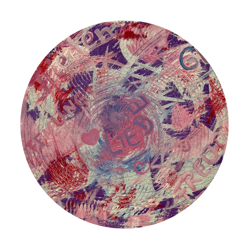 Intuitives, rundes Kunstwerk in Rot-, Lila- und Cremetönen – Symbol für Energie, Klarheit und innere Ausrichtung im medialen Human Design Reading.