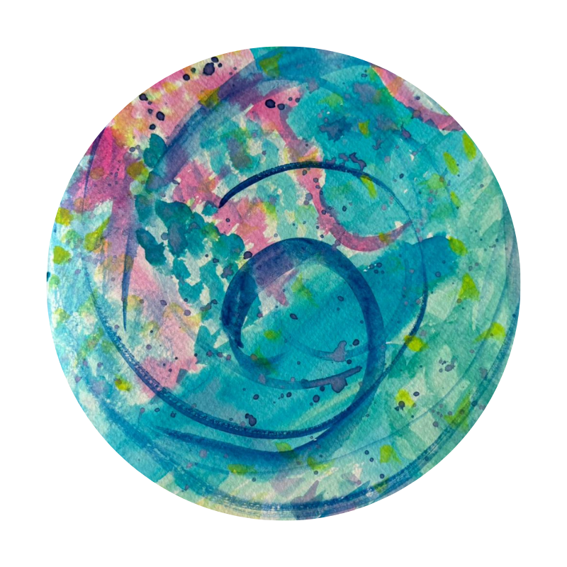 Rundes, intuitives Kunstwerk in Türkis-, Blau- und Rosatönen – Symbol für Klarheit, Potenzialentfaltung und feinfühlige Coaching-Prozesse.